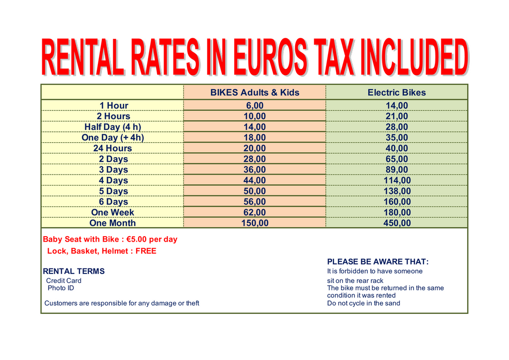 RENTALS PRICE LIST