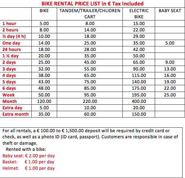 RENTALS PRICE LIST